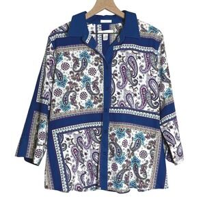 Chico's Womens Button Down Shirt 3 XL Blue Paisley Purple No Iron Office Western